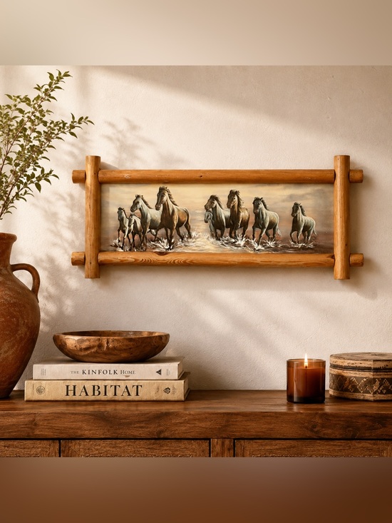 Other - Vintage Running Horses Rustic Wood Frame Wall Art 8x24” Western Cabin Decor